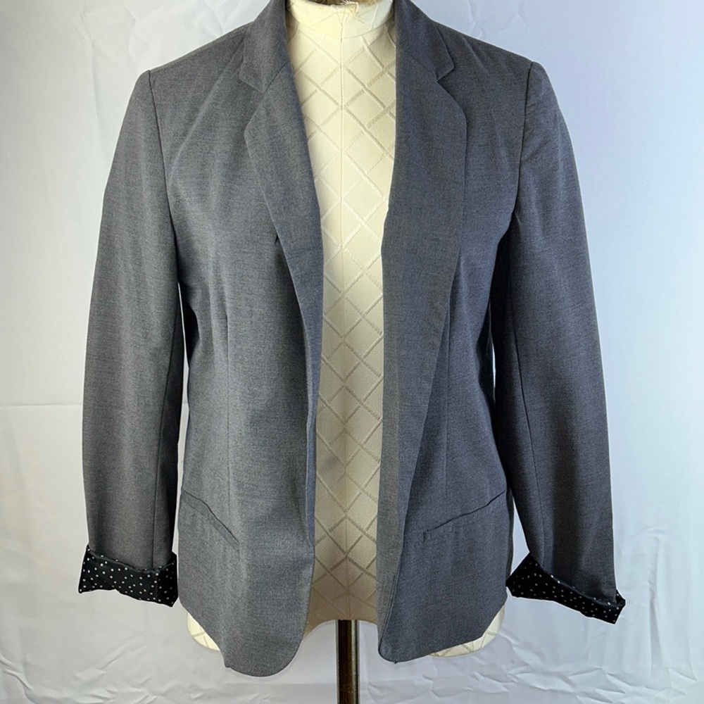 Lauren Conrad Size 6 Gray Blazer Suit Jacket Faux Pockets Roll up polkadot cuff